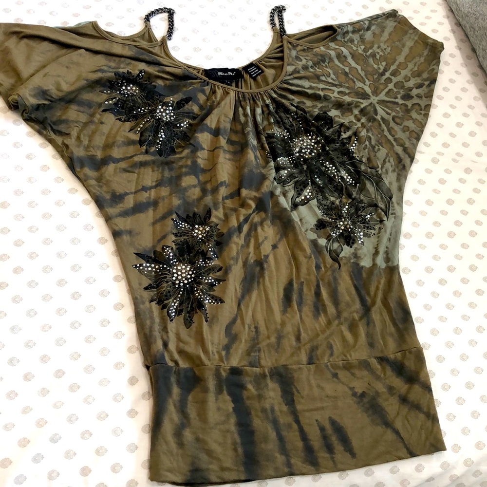 Miss Me Olive Bubble Bat Wing Chain Tunic Dress